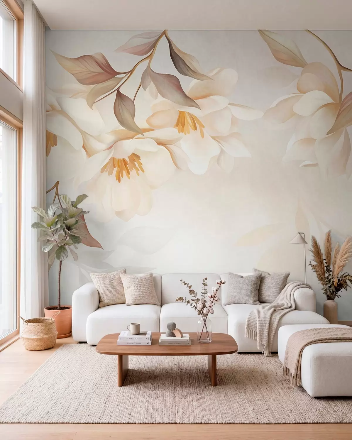 wall murals Magnolia blossoms with delicate brown leaves hanging from the branches w10086