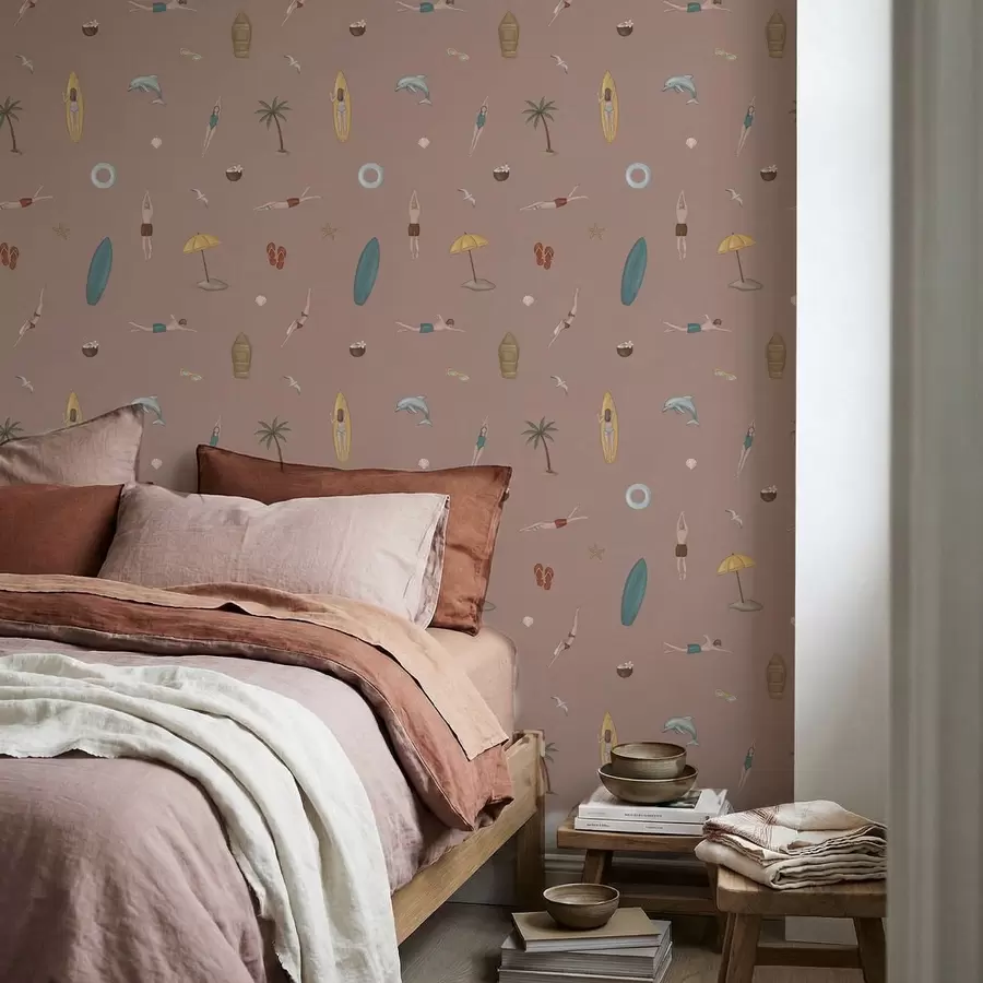 wall murals Swimmers, dolphin and tropical motifs on a pink background a01275v1