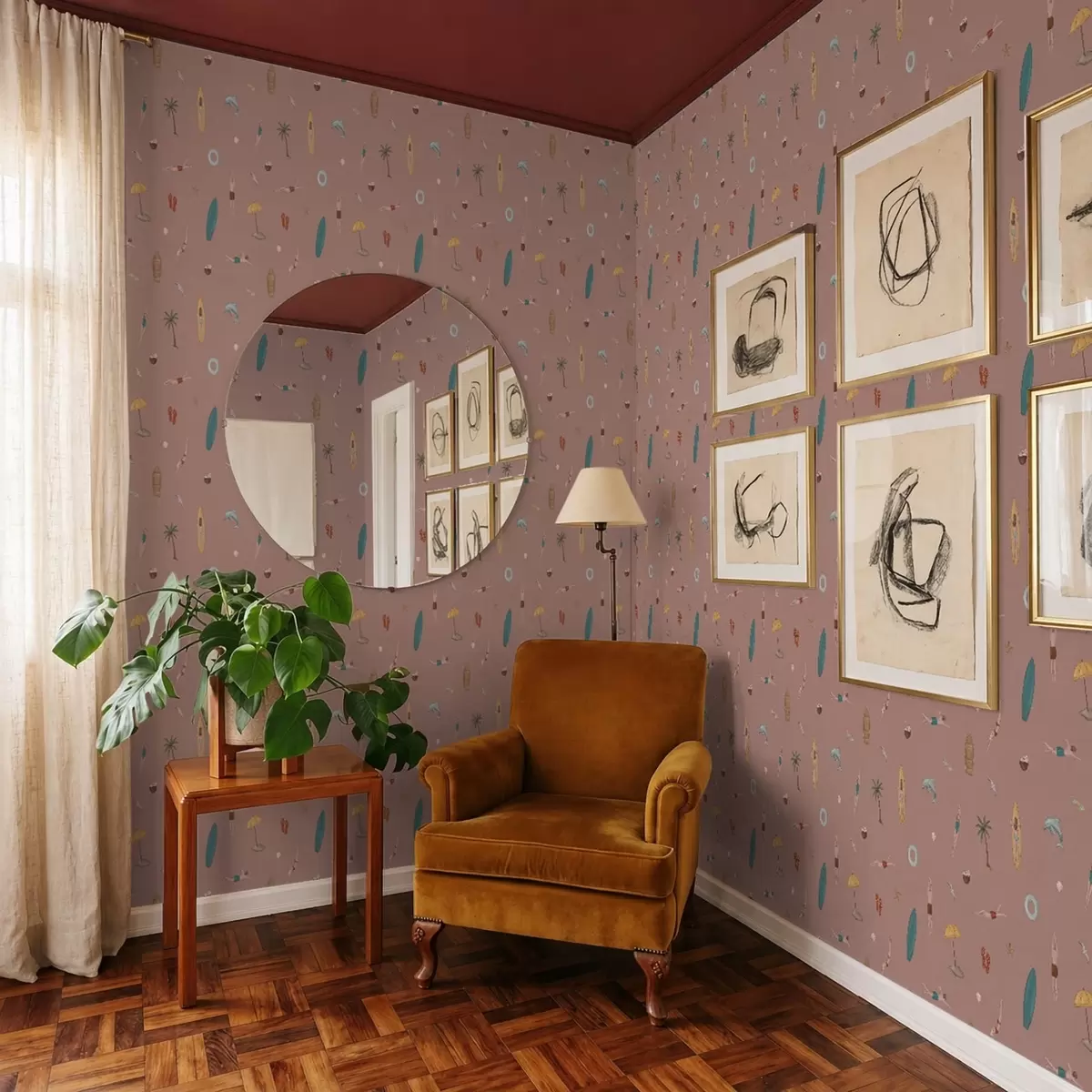Wallpaper Swimmers, dolphin and tropical motifs on a pink background a01275v1