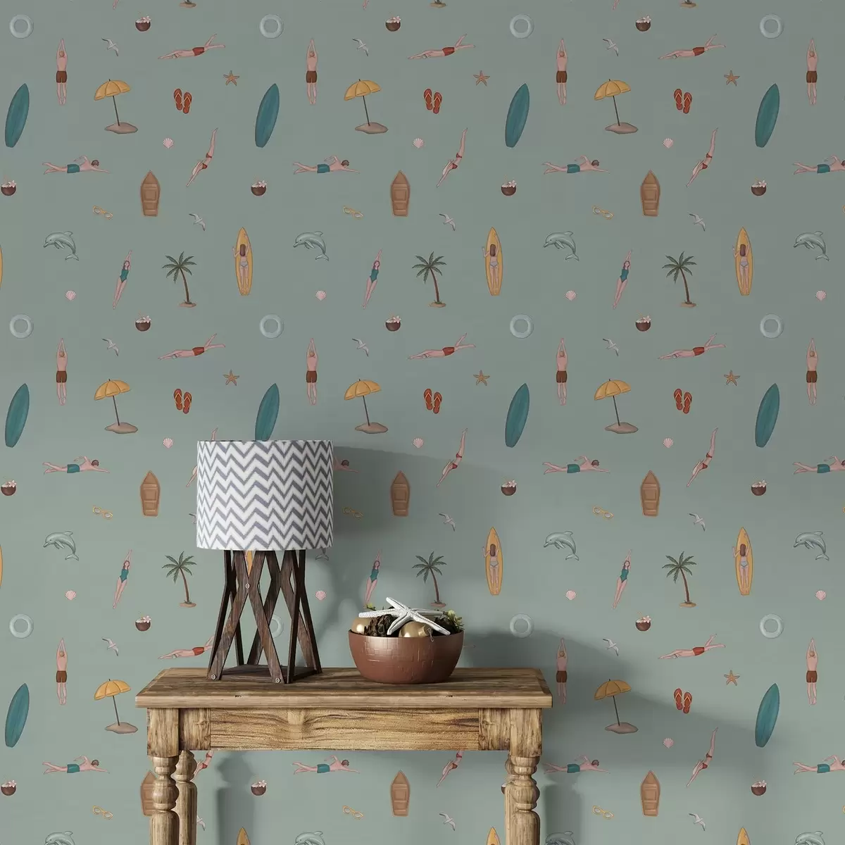Wallpaper Swimmers, dolphin and beach accessories on a green background a01275v2