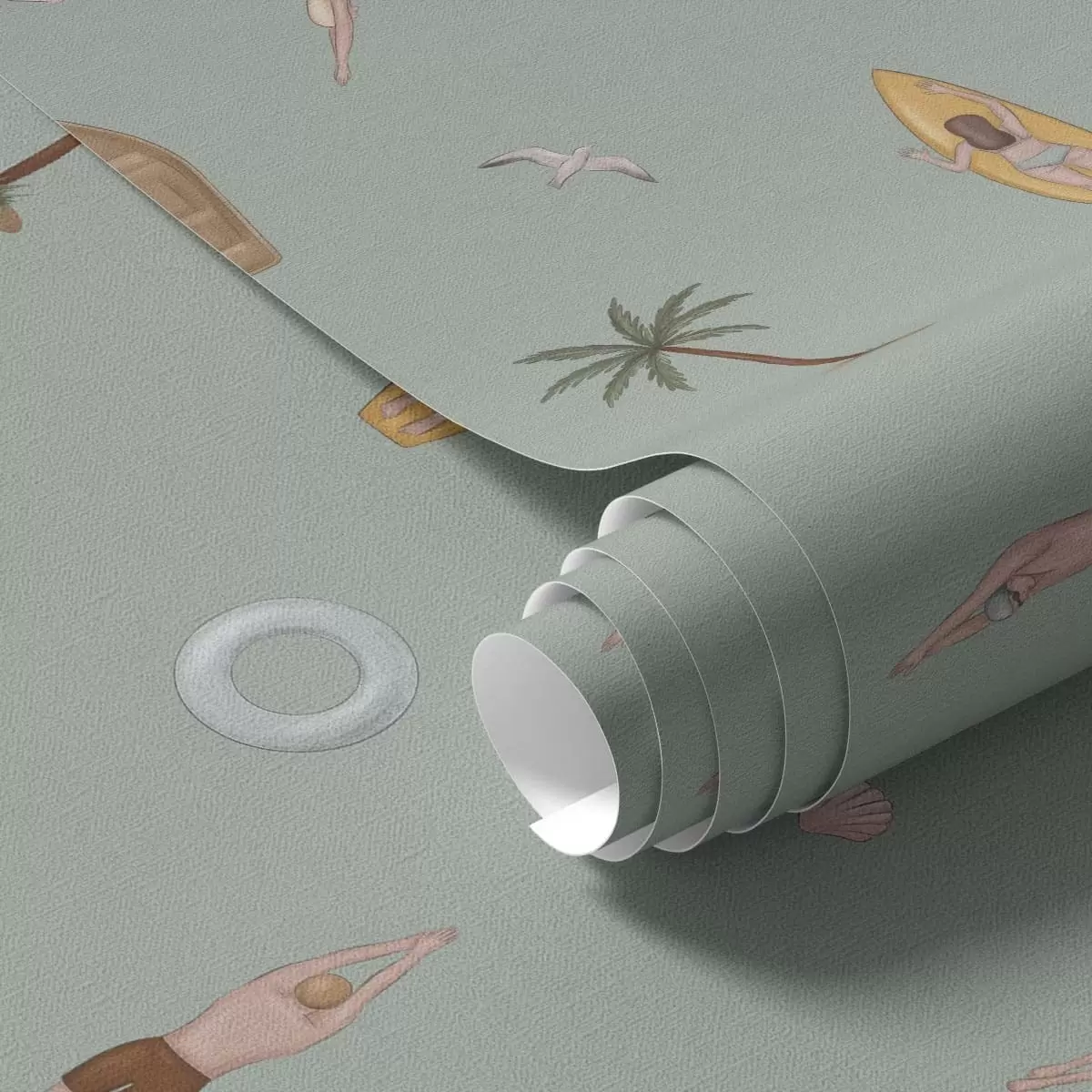 Wallpaper Swimmers, dolphin and beach accessories on a green background a01275v2