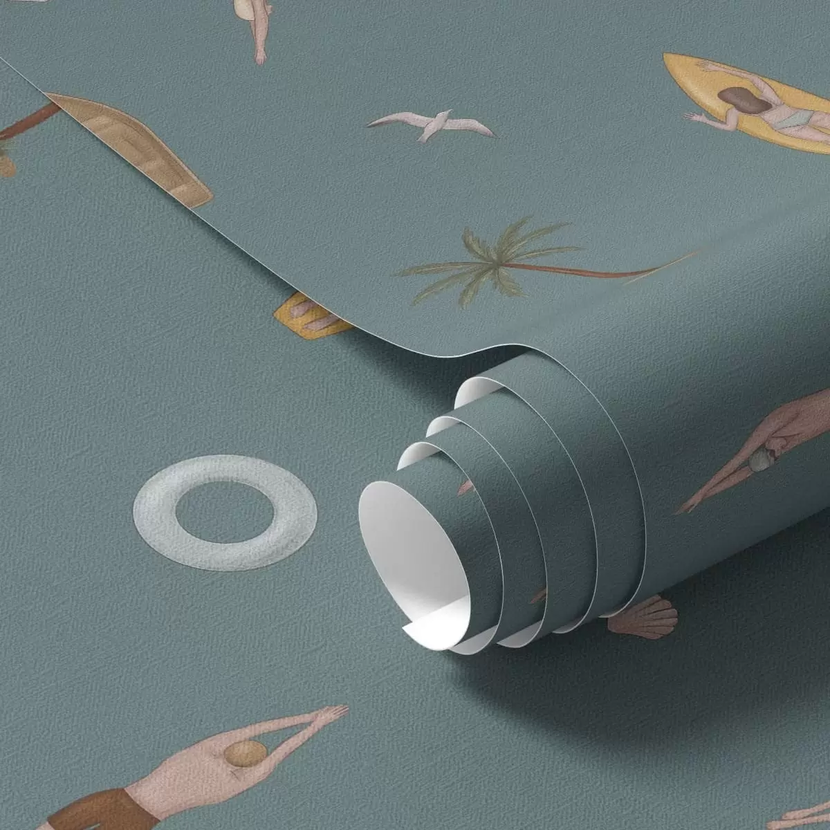 Wallpaper Swimmers, dolphin and tropical motifs on a dark teal background a01275v3