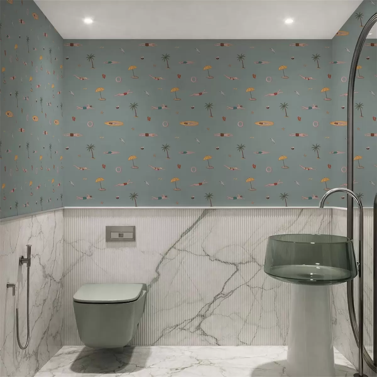 Wallpaper Swimmers, palm trees and beach accessories on a sage green background a01276v1