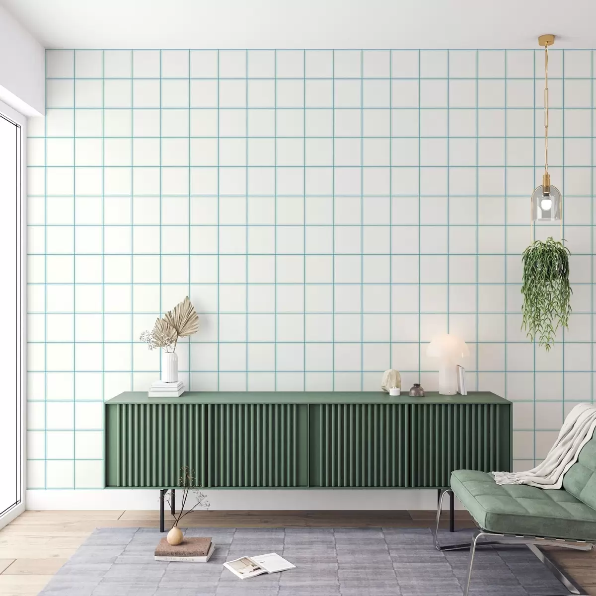 Wallpaper Grid of nine white squares with light blue borders a01277v1