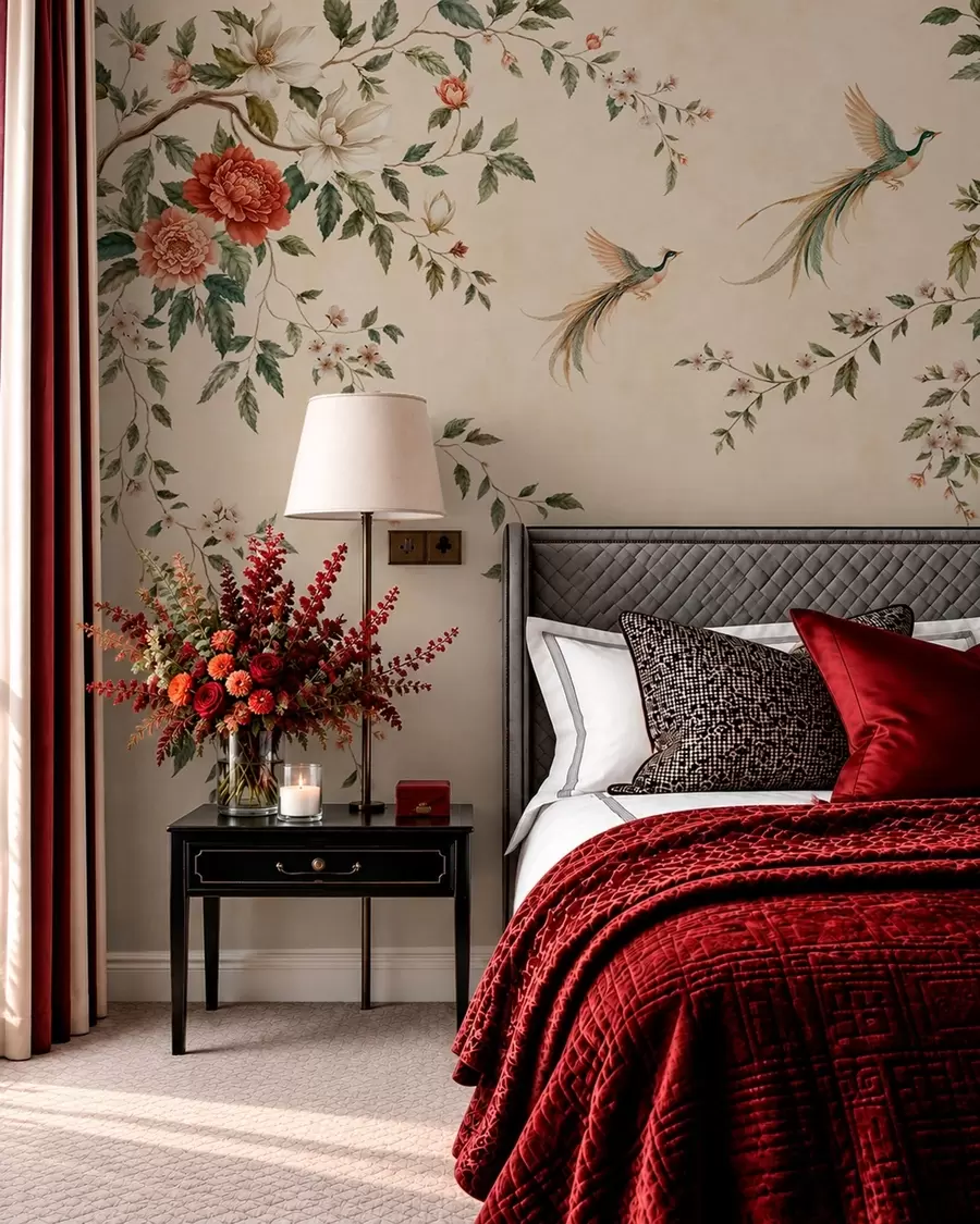 wall murals Flowering branches and birds of paradise on a cream background w05955