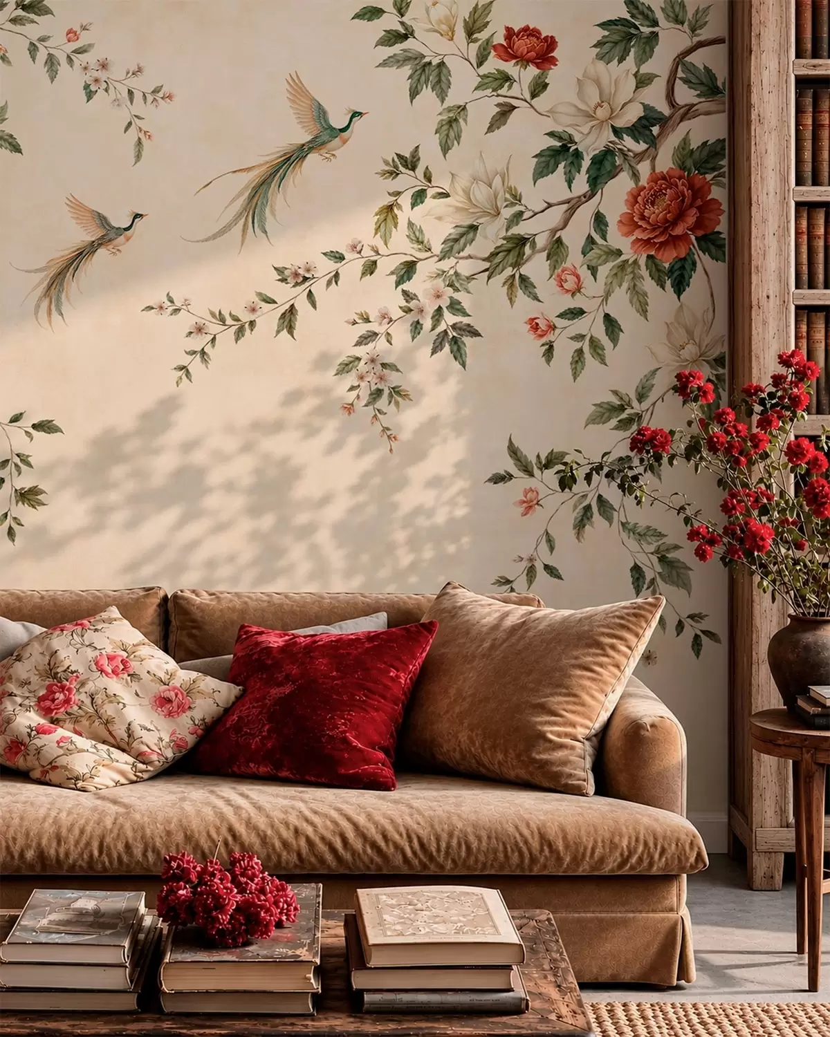 wall murals Flowering branches and birds of paradise on a cream background w05955