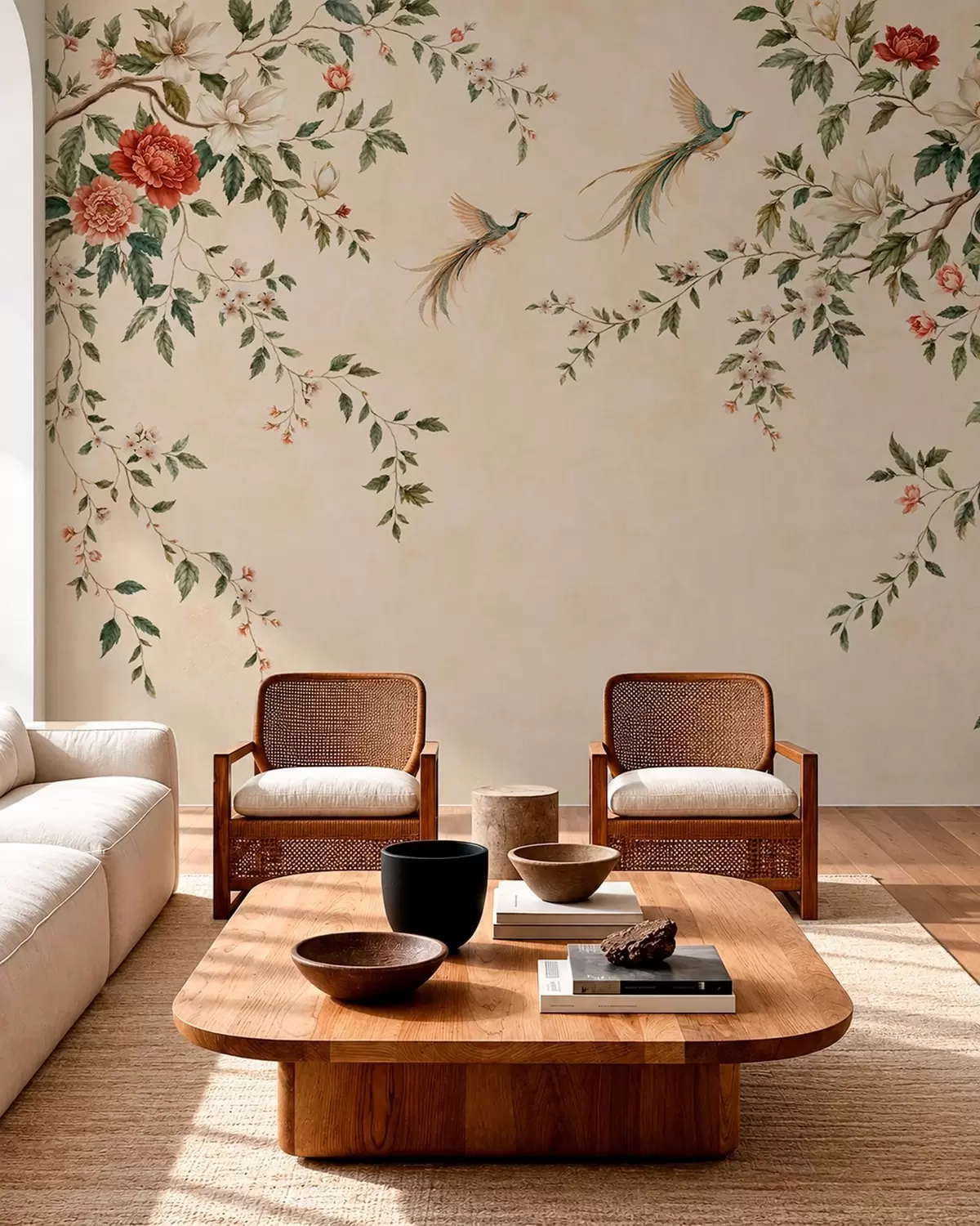 wall murals Flowering branches and birds of paradise on a cream background w05955