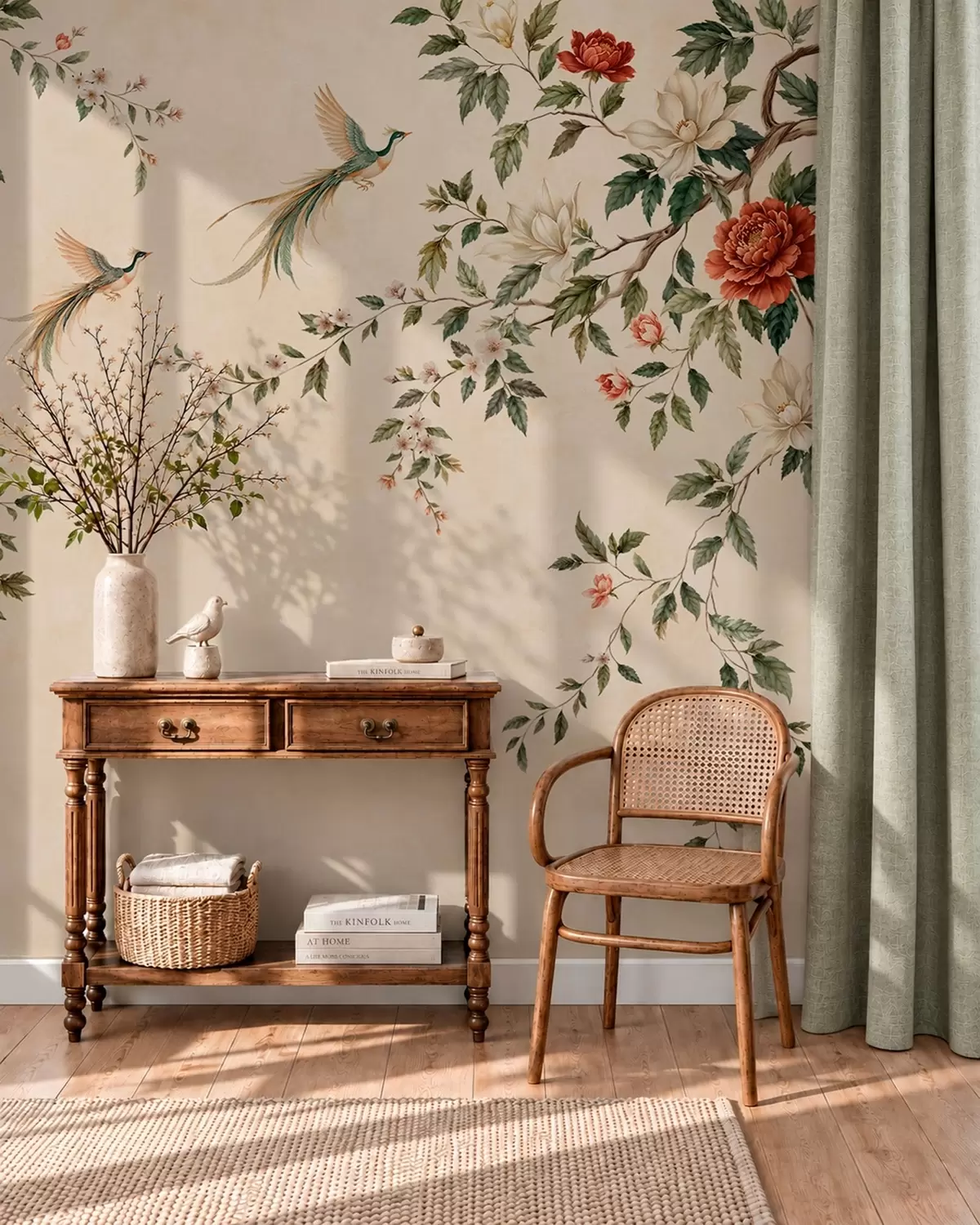 wall murals Flowering branches and birds of paradise on a cream background w05955
