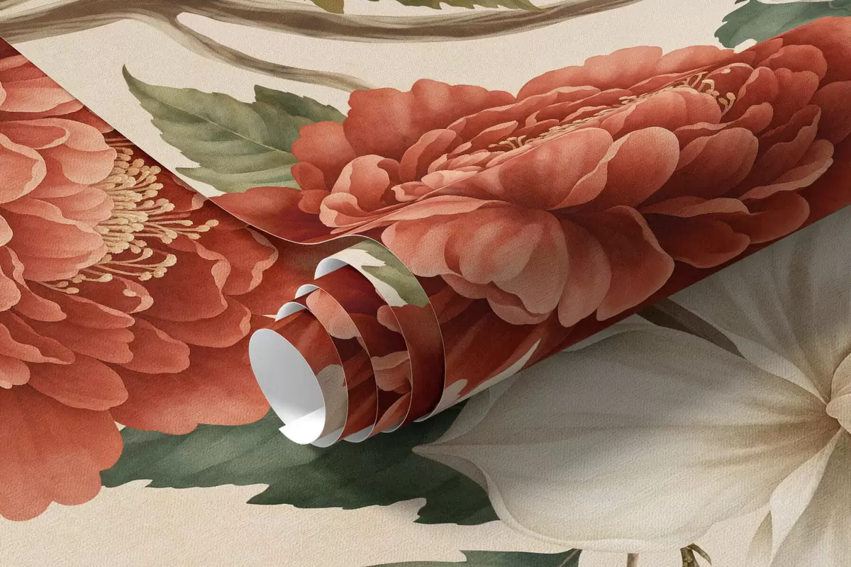 wall murals Flowering branches and birds of paradise on a cream background w05955