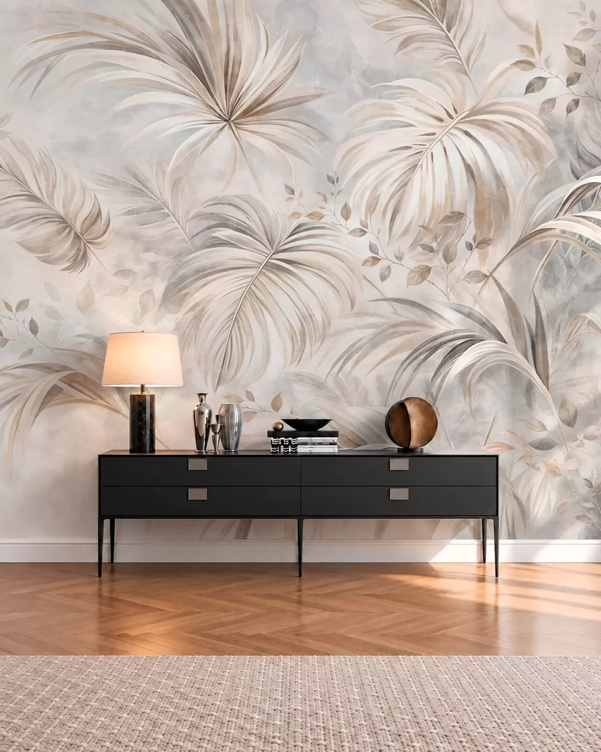 wall murals Tropical foliage in soft beige and gray tones w05956