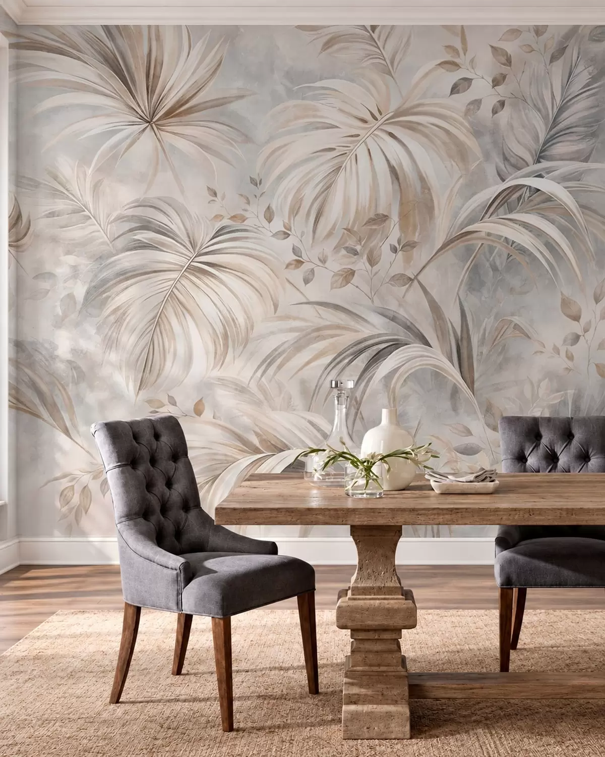 wall murals Tropical foliage in soft beige and gray tones w05956