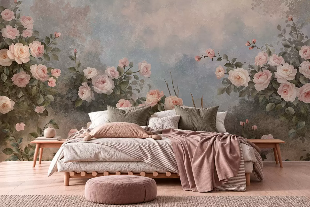 wall murals Lush pink rose bushes against a misty landscape w05888