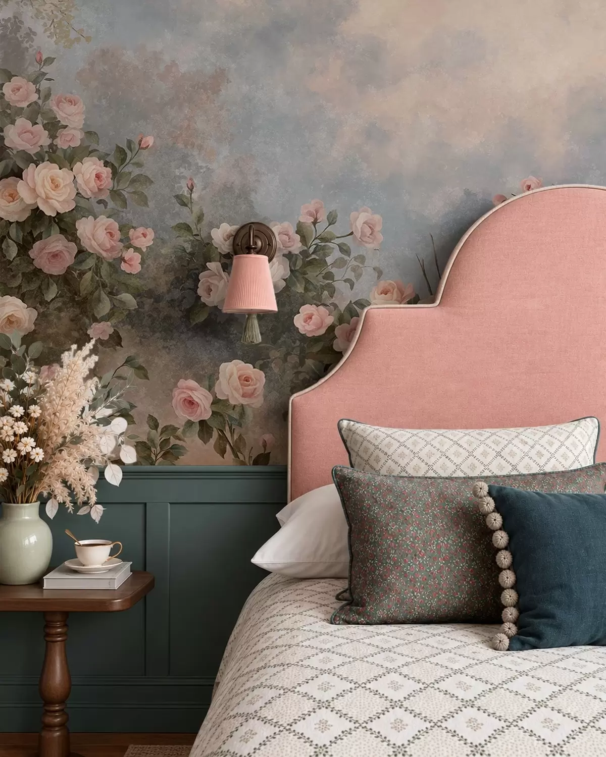 wall murals Lush pink rose bushes against a misty landscape w05888