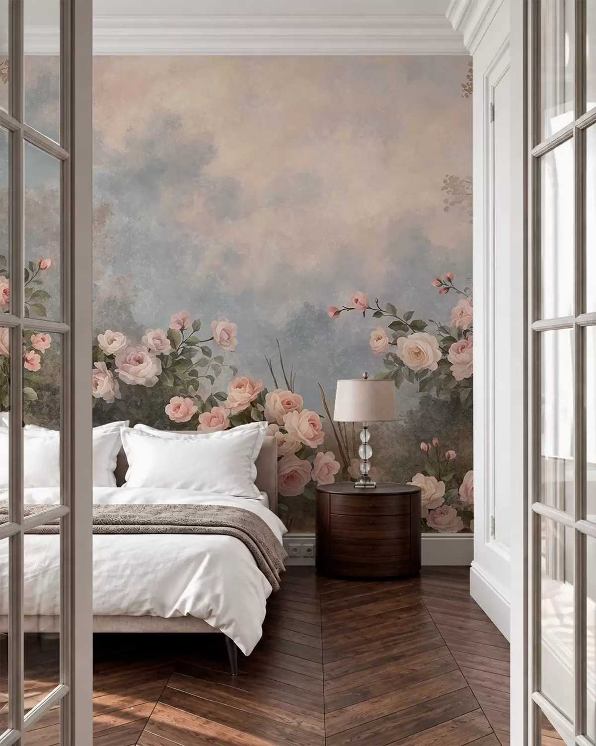 wall murals Lush pink rose bushes against a misty landscape w05888