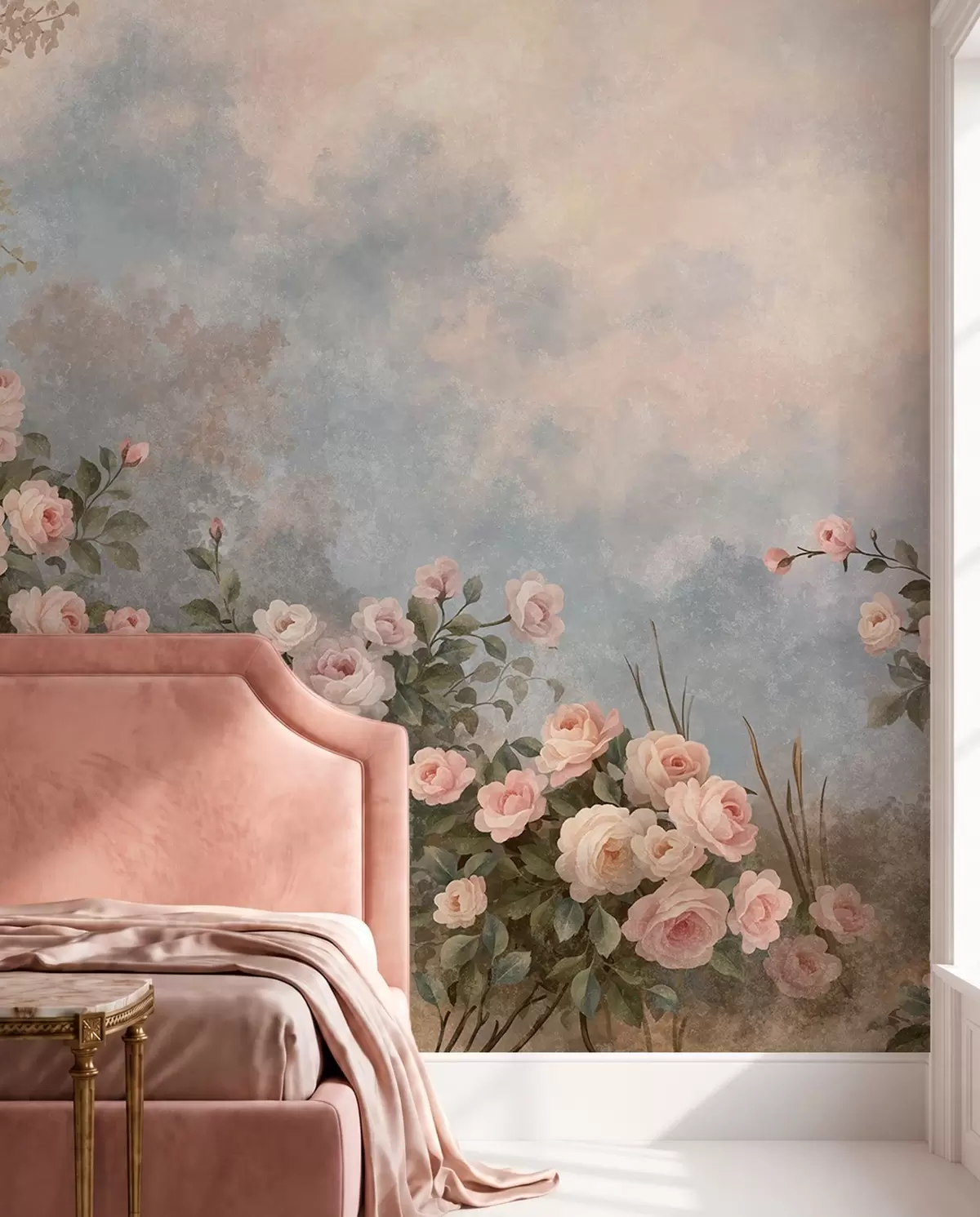 wall murals Lush pink rose bushes against a misty landscape w05888