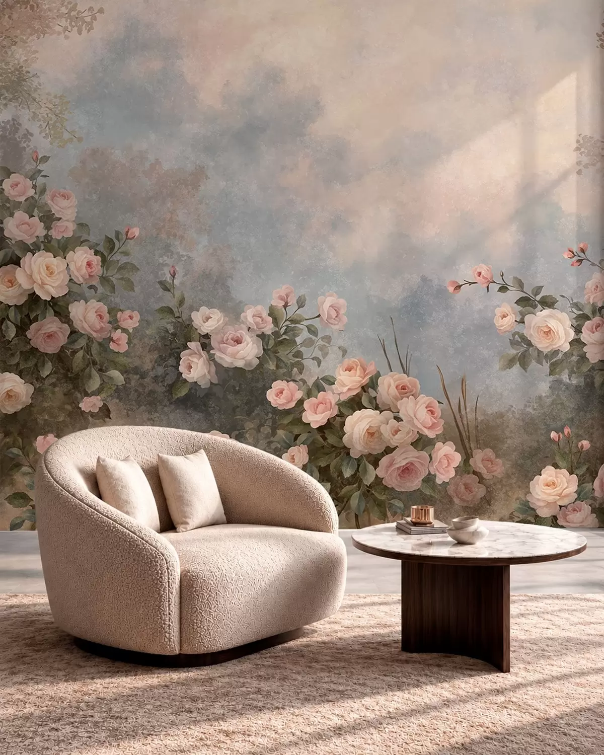 wall murals Lush pink rose bushes against a misty landscape w05888