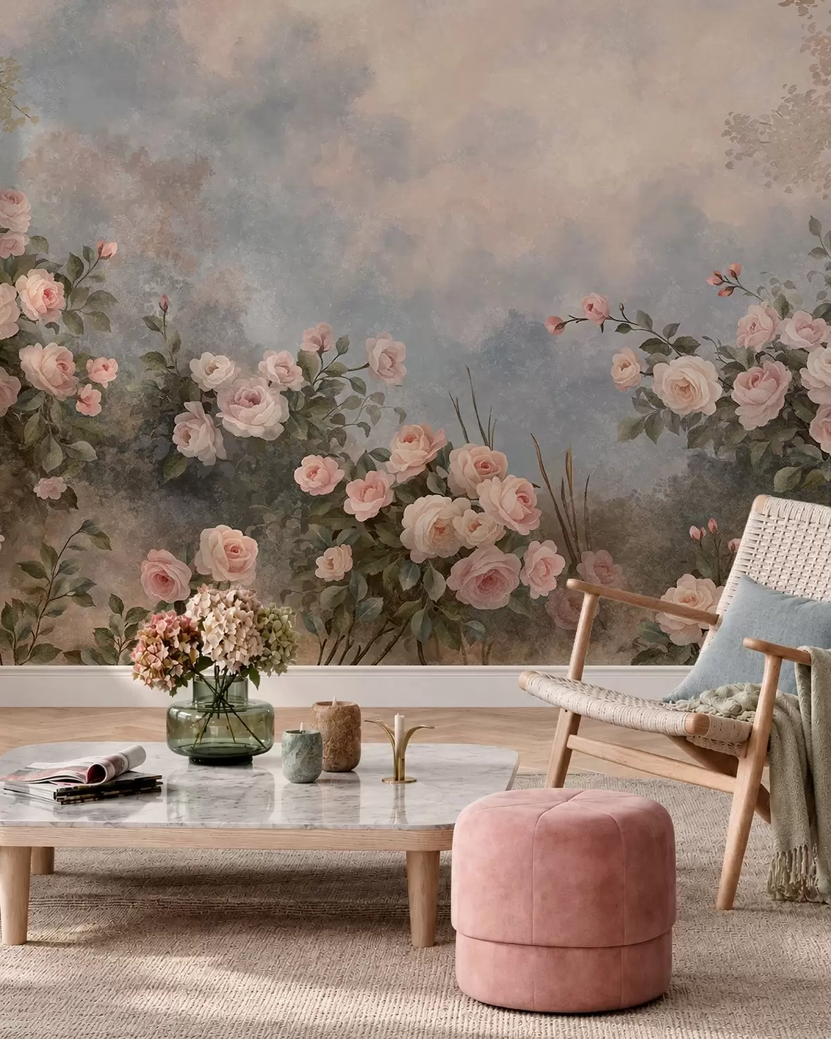 wall murals Lush pink rose bushes against a misty landscape w05888