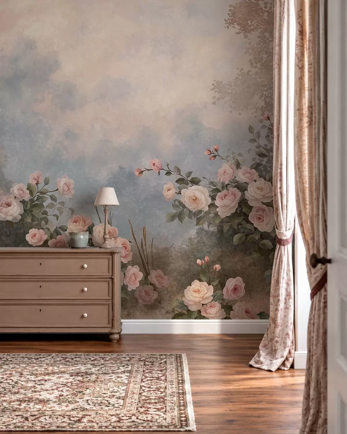 wall murals Lush pink rose bushes against a misty landscape w05888