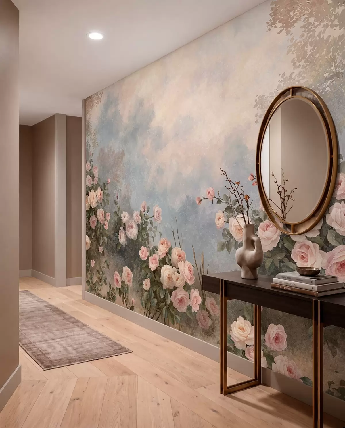 wall murals Lush pink rose bushes against a misty landscape w05888