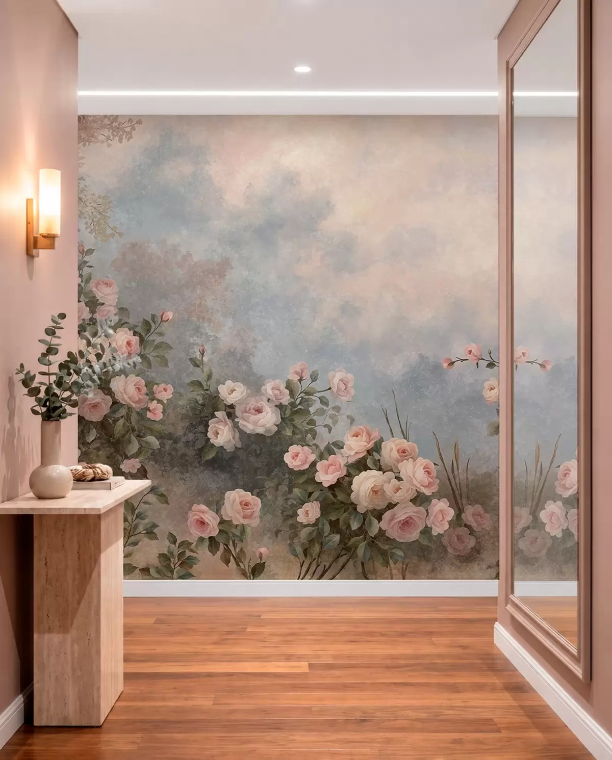 wall murals Lush pink rose bushes against a misty landscape w05888