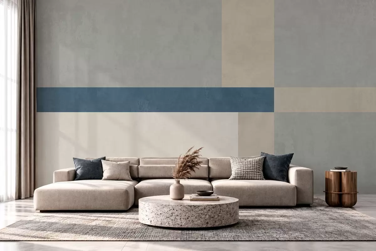 wall murals Geometric blocks in gray and beige tones with a blue stripe w05891v1