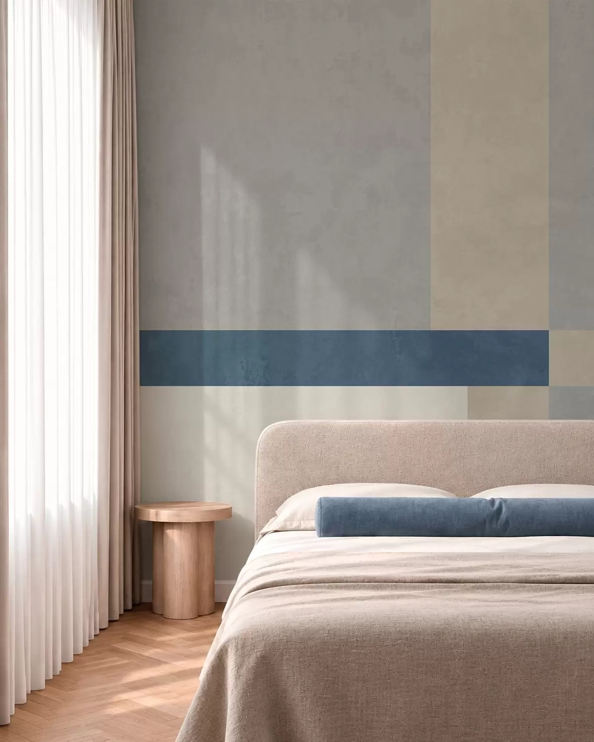 wall murals Geometric blocks in gray and beige tones with a blue stripe w05891v1
