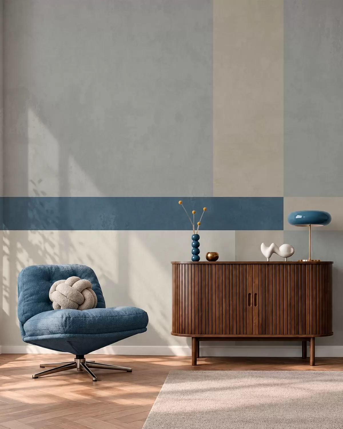 wall murals Geometric blocks in gray and beige tones with a blue stripe w05891v1