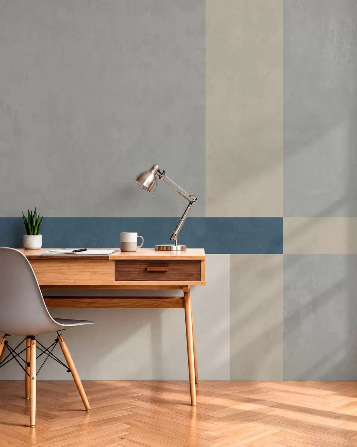 wall murals Geometric blocks in gray and beige tones with a blue stripe w05891v1