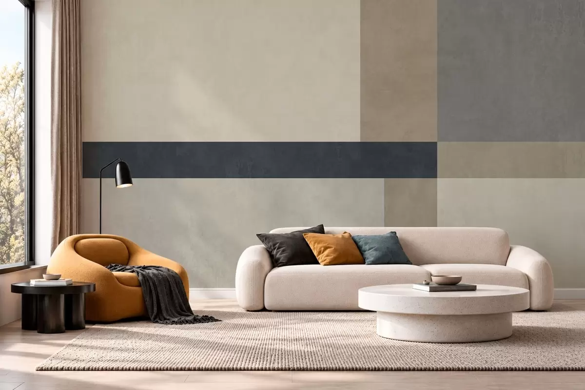 wall murals Geometric composition of beige and gray blocks with a dark stripe w05891v3