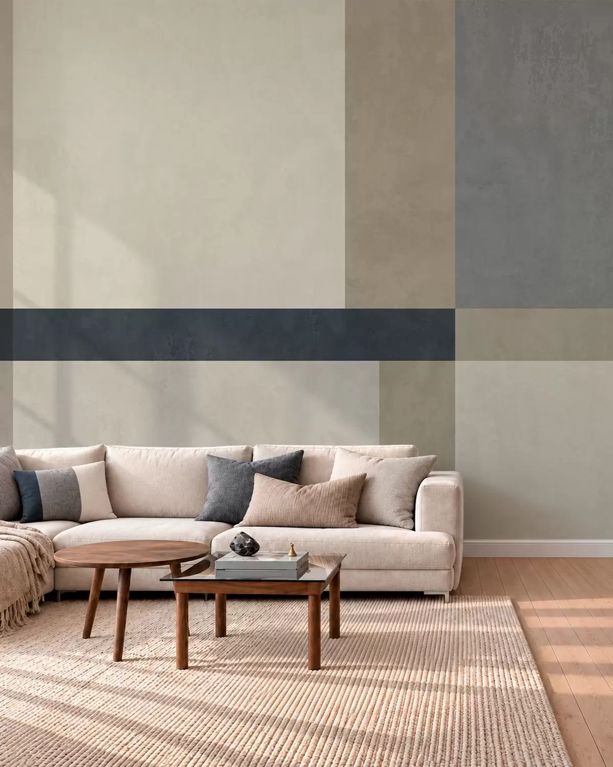 wall murals Geometric composition of beige and gray blocks with a dark stripe w05891v3