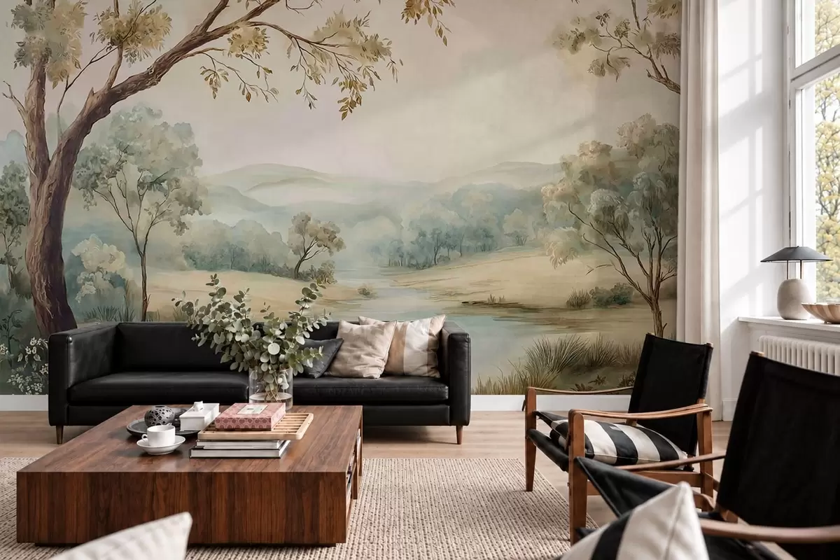 wall murals Delicate landscape with trees, a lake and distant hills w05957
