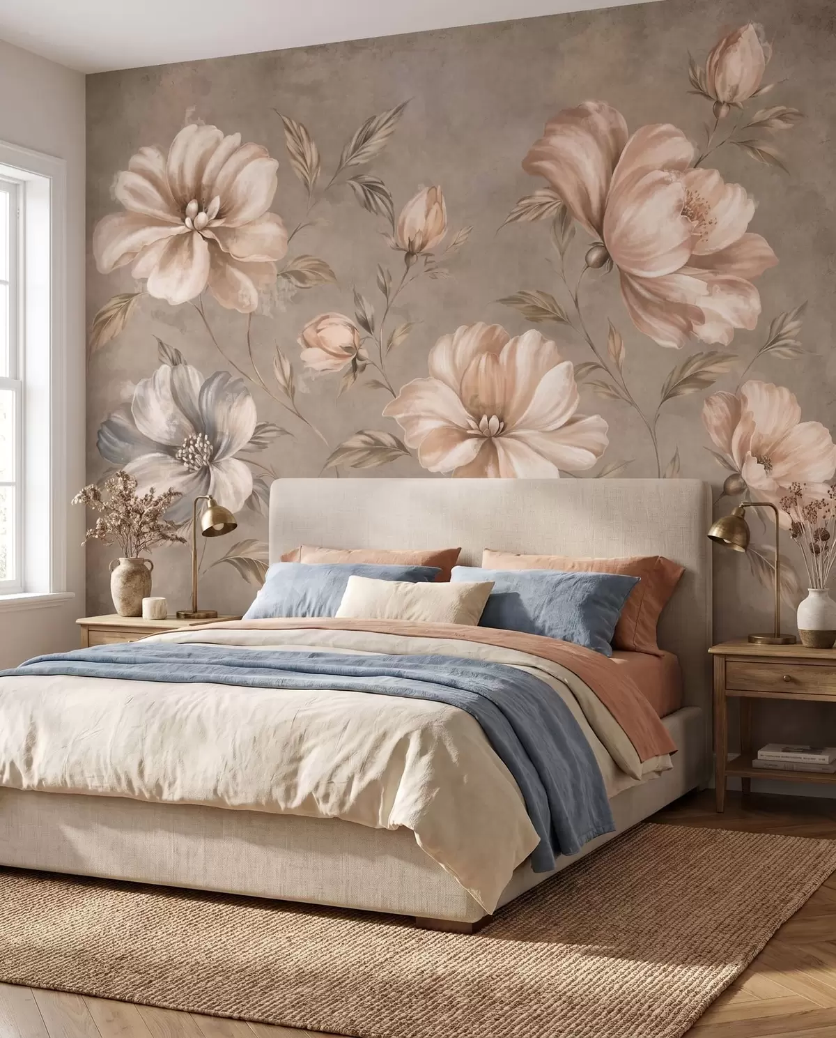 wall murals Large cream and beige flowers with leaves w05958