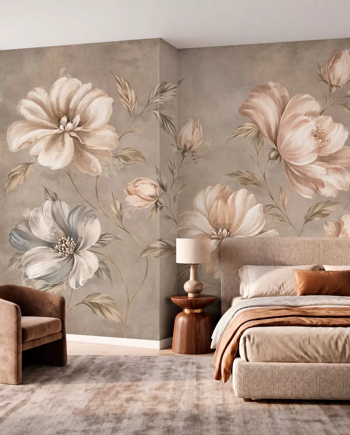 wall murals Large cream and beige flowers with leaves w05958