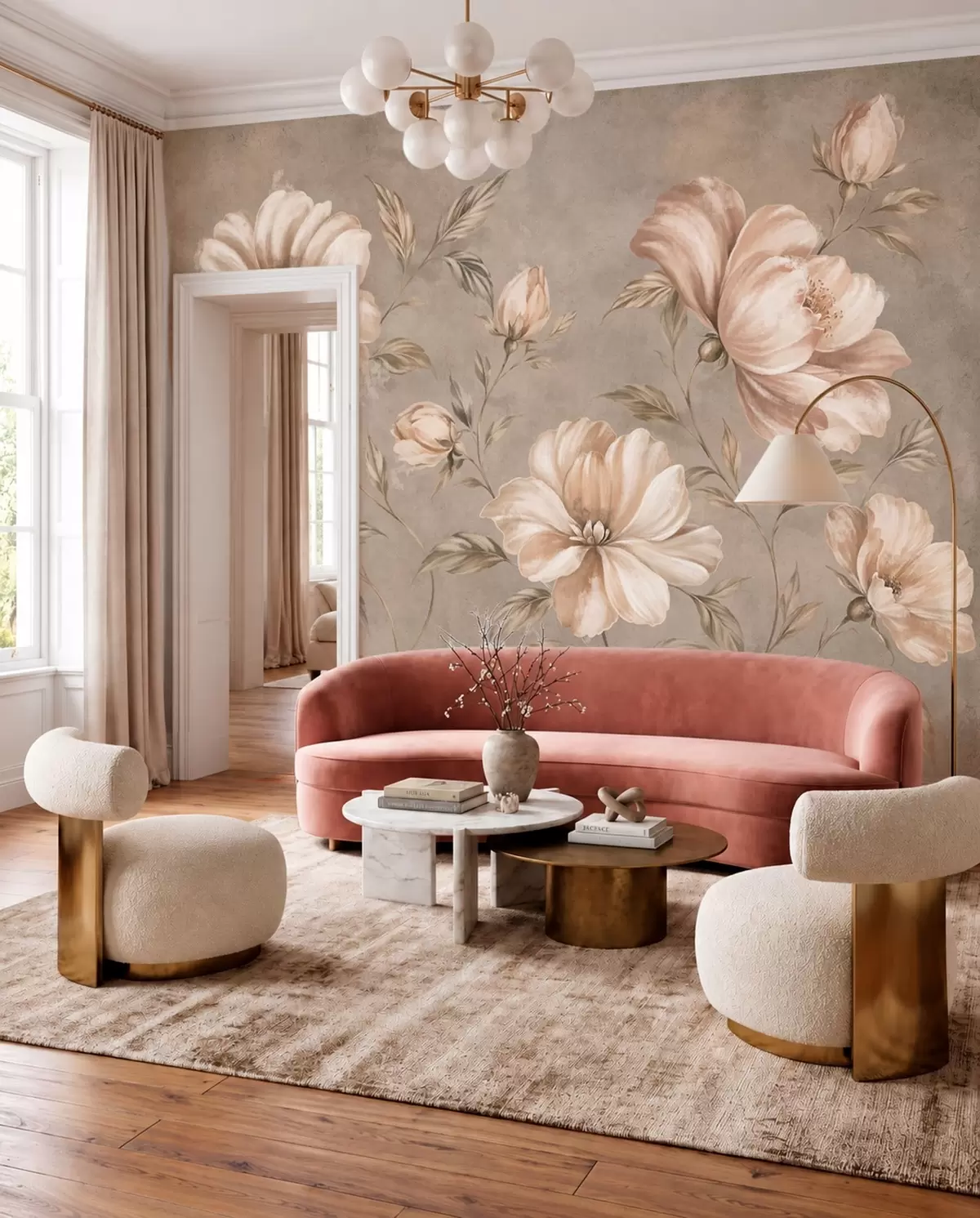 wall murals Large cream and beige flowers with leaves w05958