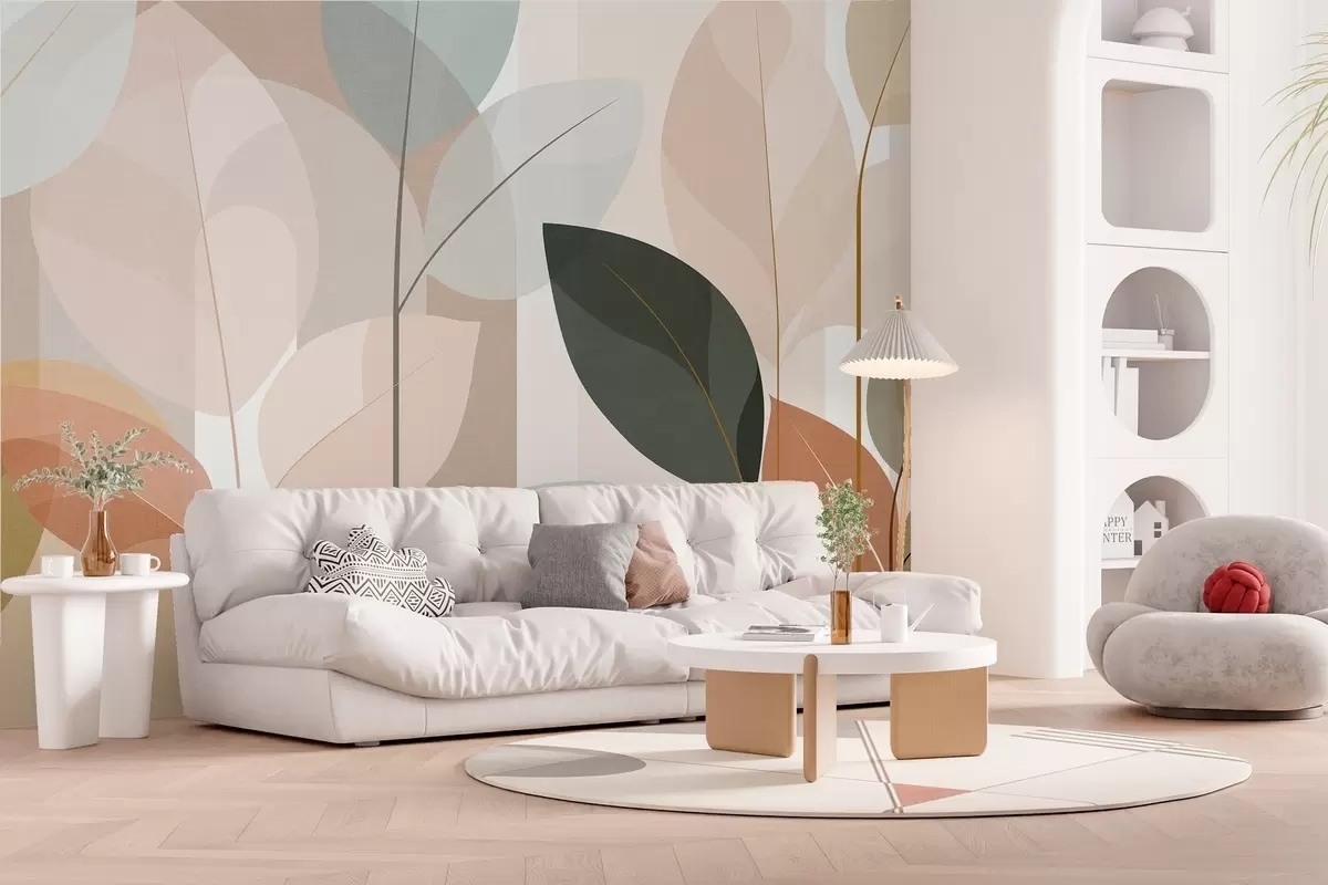 wall murals an abstract design featuring leaves in a matt weave style, in shades of beige, terracotta and peach w05986