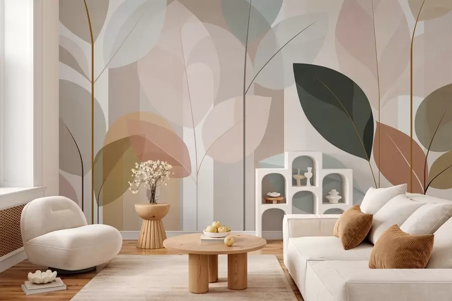 wall murals an abstract design featuring leaves in a matt weave style, in shades of beige, terracotta and peach w05986