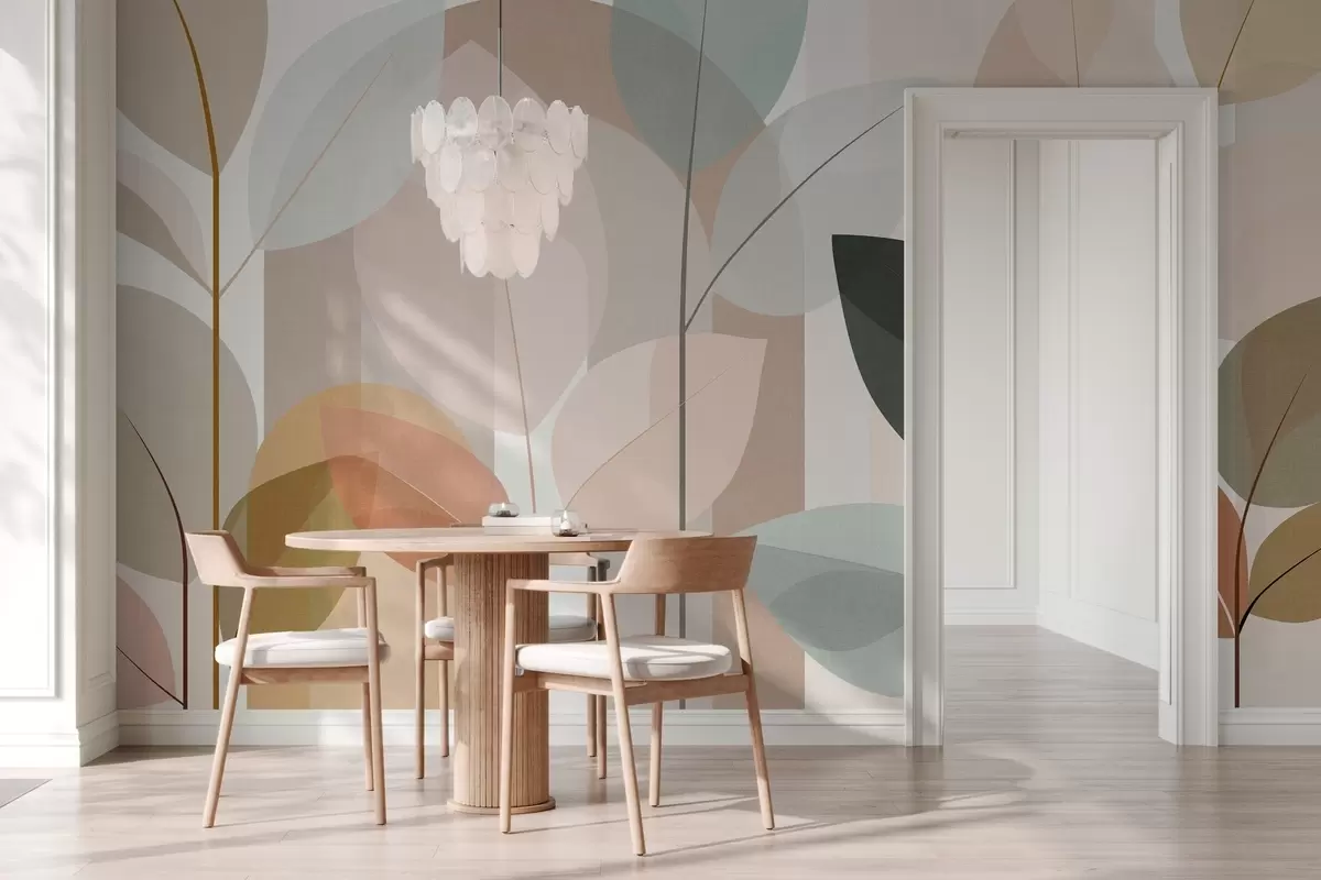 wall murals an abstract design featuring leaves in a matt weave style, in shades of beige, terracotta and peach w05986