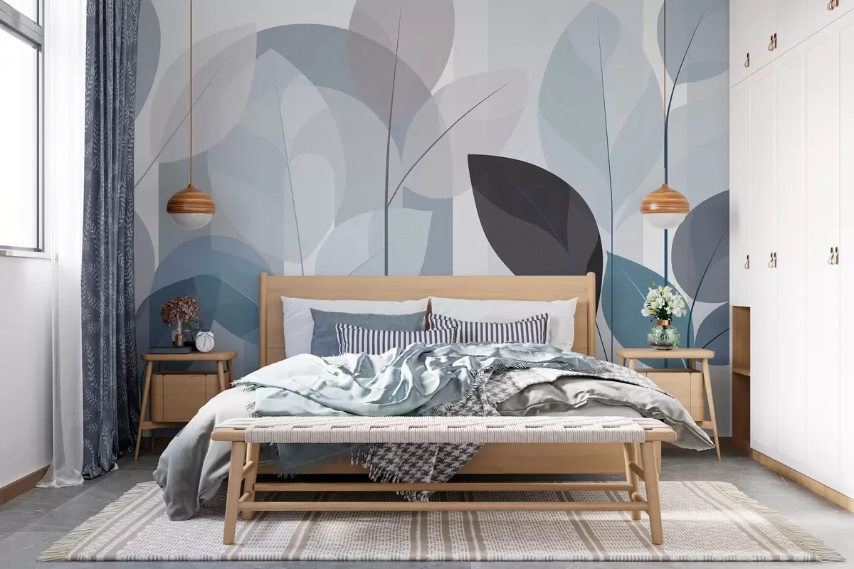 wall murals an abstract design featuring leaves in a matt weave style in shades of blue w05986v2