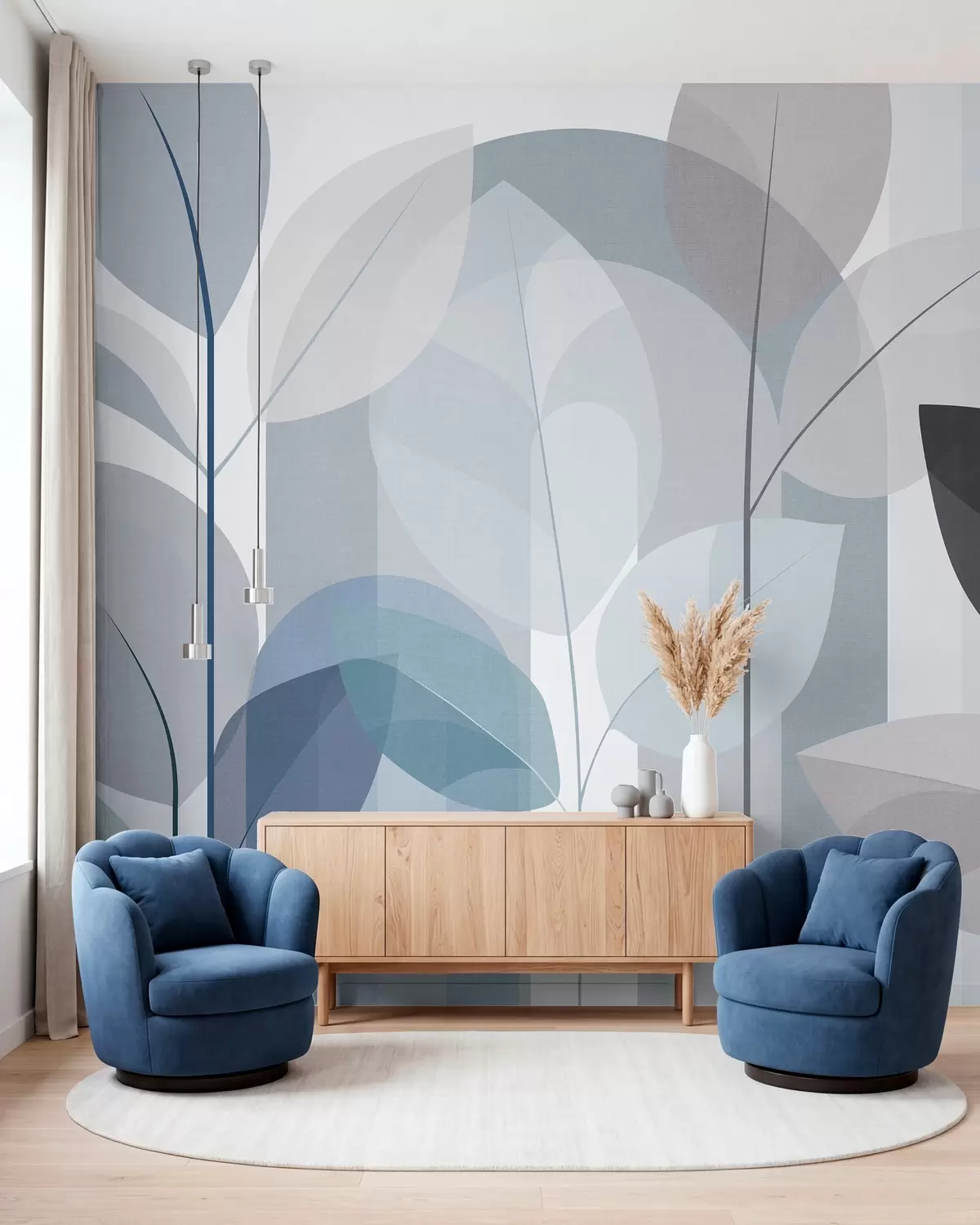 wall murals an abstract design featuring leaves in a matt weave style in shades of blue w05986v2