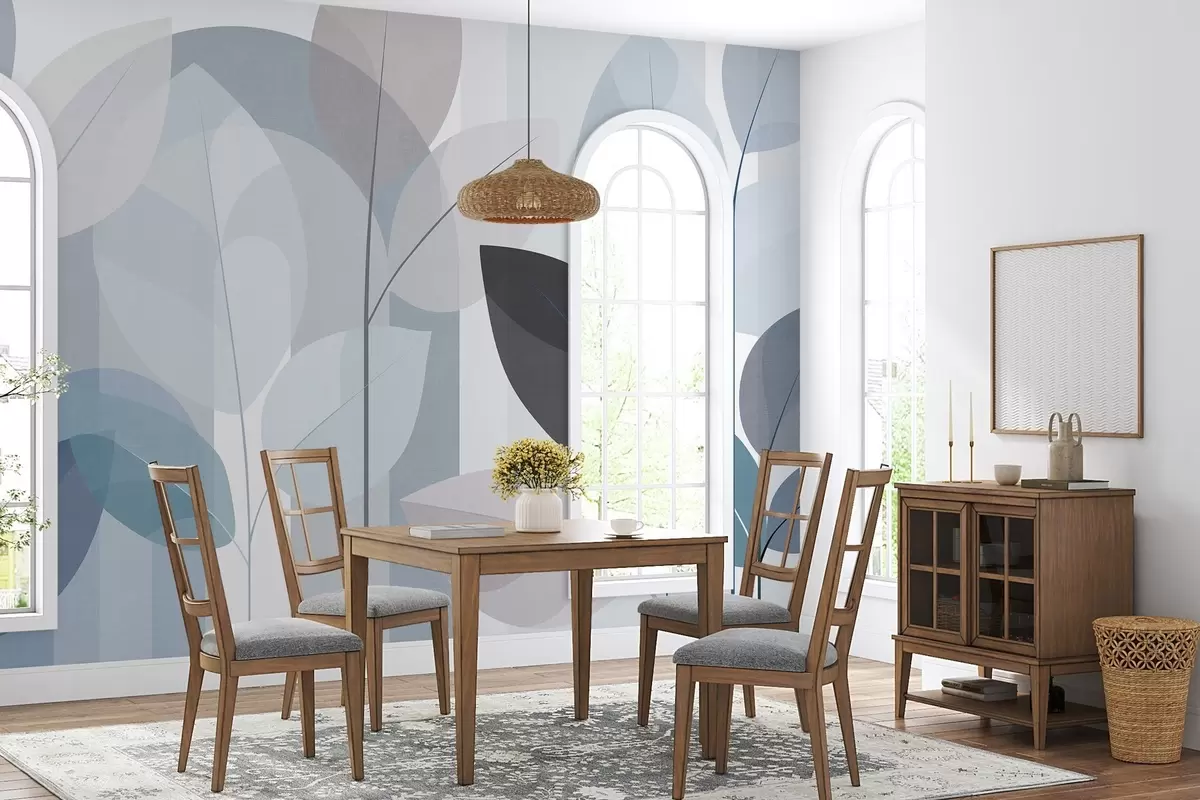 wall murals an abstract design featuring leaves in a matt weave style in shades of blue w05986v2