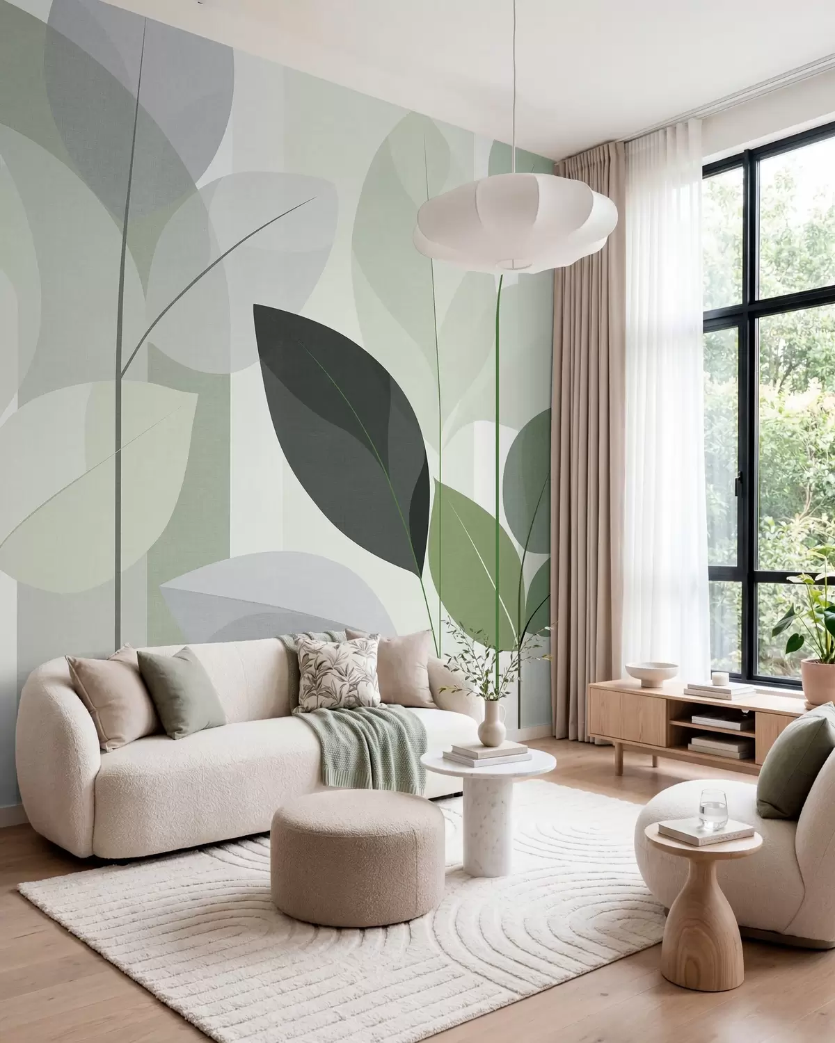 wall murals an abstract design featuring leaves in a matt weave style in shades of green w05986v1