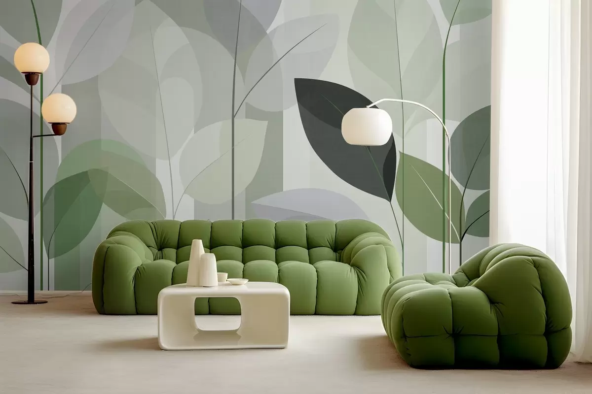 wall murals an abstract design featuring leaves in a matt weave style in shades of green w05986v1