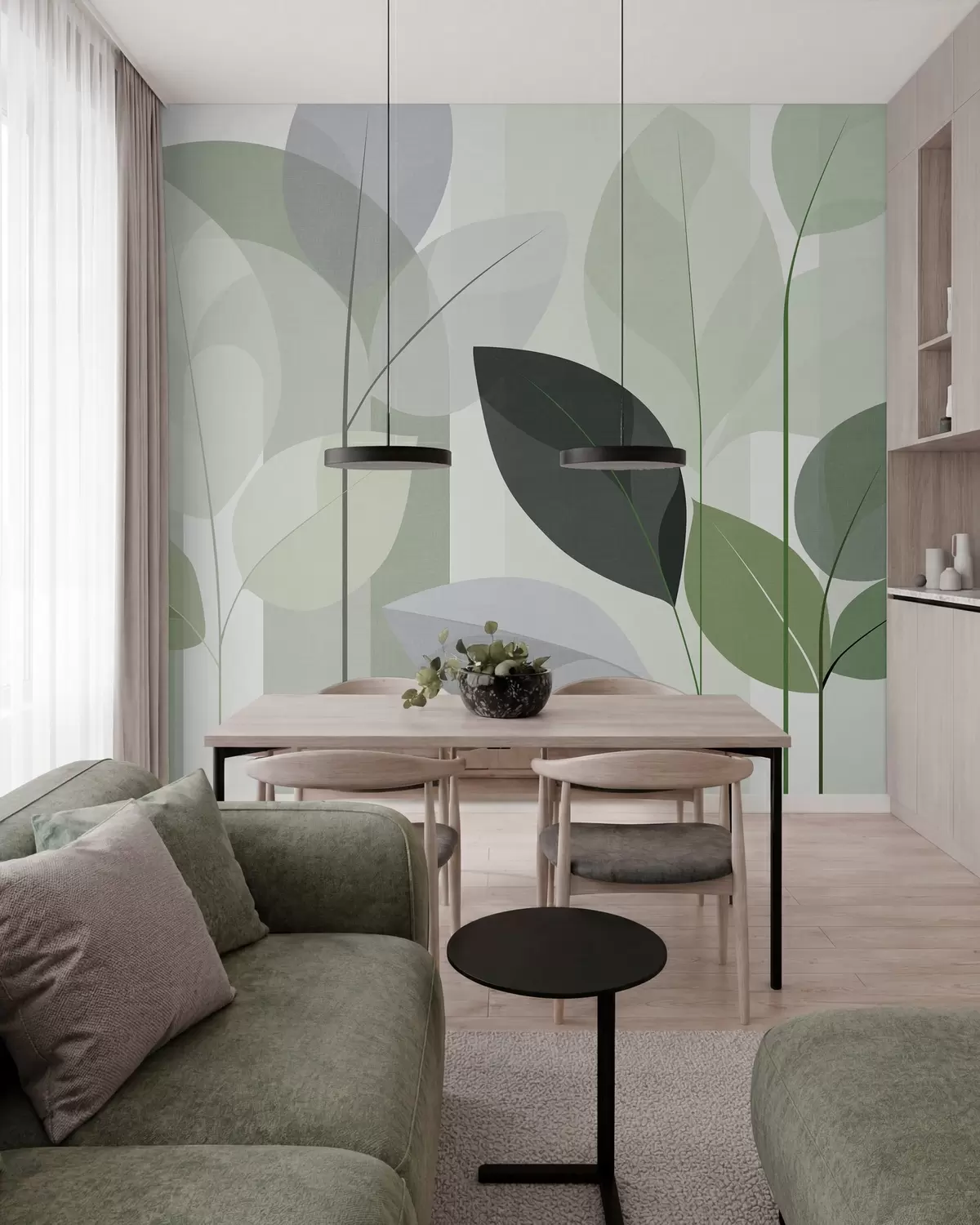 wall murals an abstract design featuring leaves in a matt weave style in shades of green w05986v1