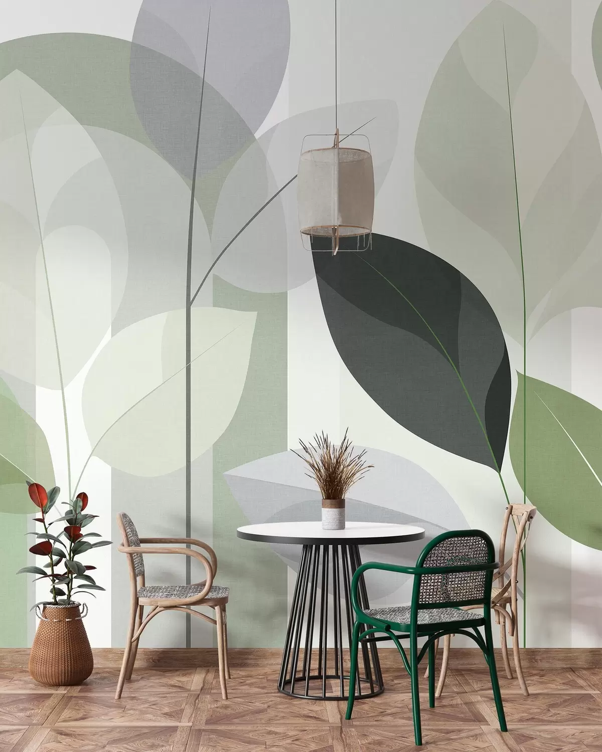 wall murals an abstract design featuring leaves in a matt weave style in shades of green w05986v1