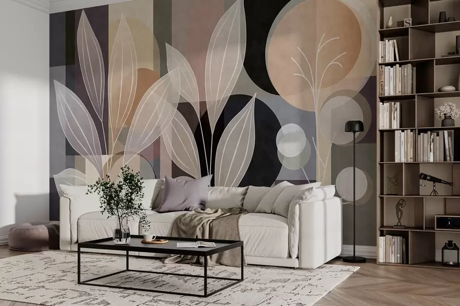 wall murals stylised leaves against a geometric background in shades of beige and dark colours w05987