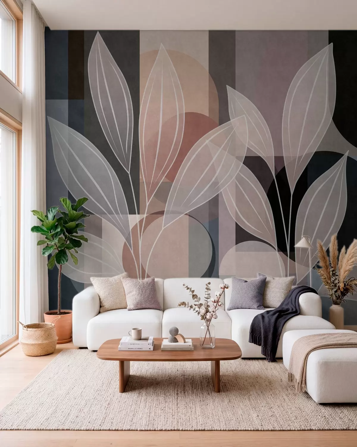 wall murals stylised foliage against a geometric background in powdery and dark shades w05987v1