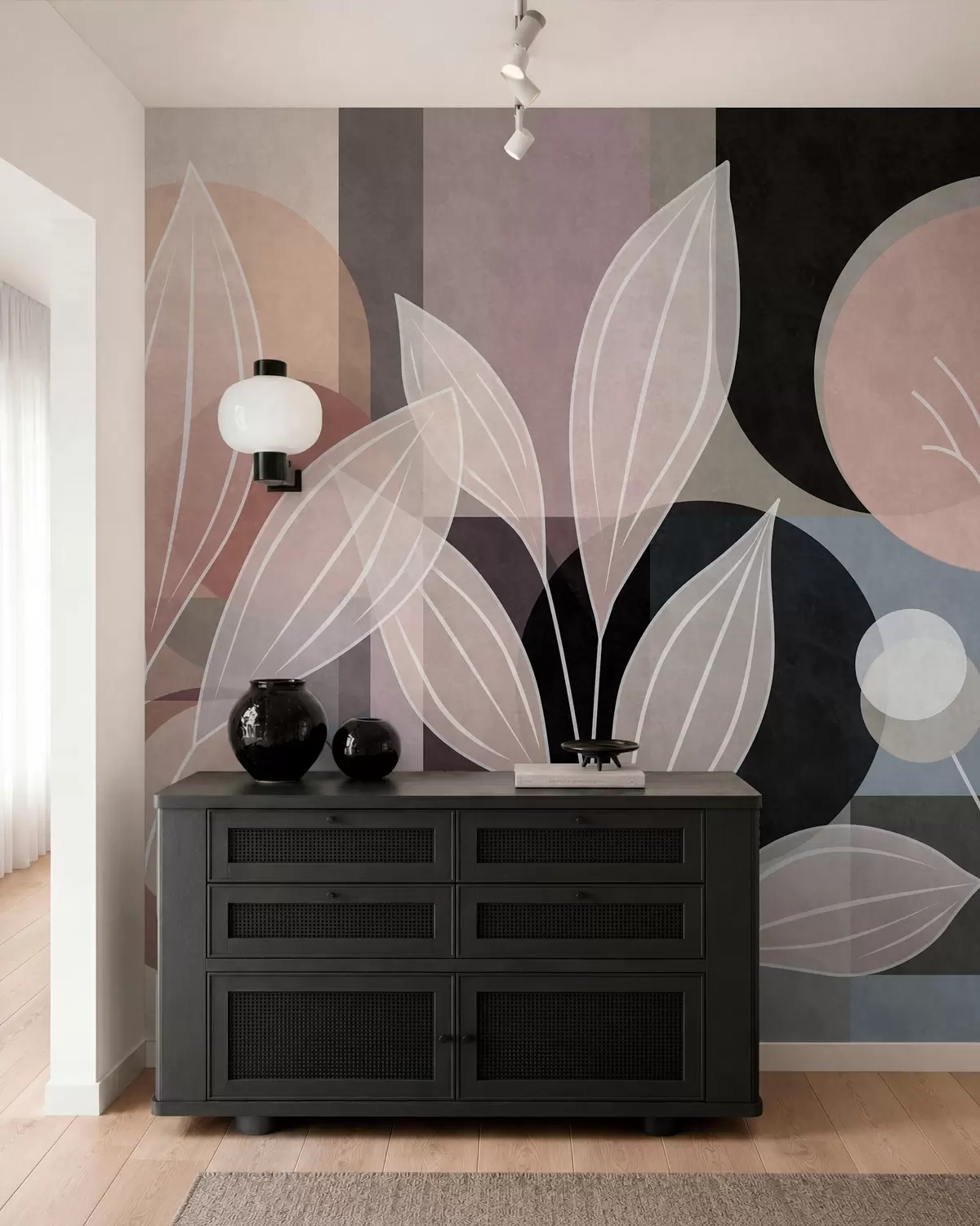 wall murals stylised foliage against a geometric background in powdery and dark shades w05987v1