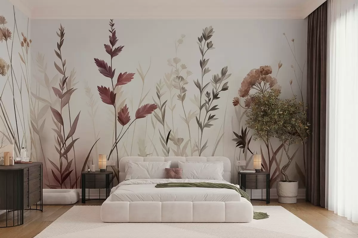 wall murals Tall wild grasses and wildflowers in muted earth tones, minimalist aesthetic w10084