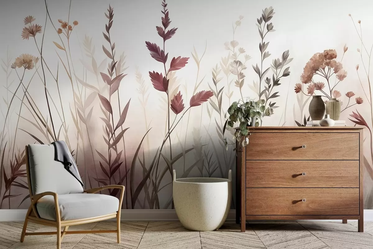 wall murals Tall wild grasses and wildflowers in muted earth tones, minimalist aesthetic w10084
