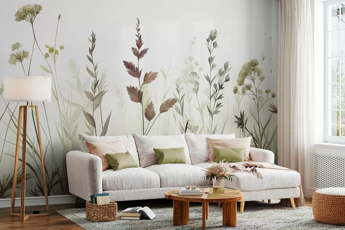 wall murals Tall wild grasses and wildflowers in muted green tones, minimalist aesthetic w10084v1